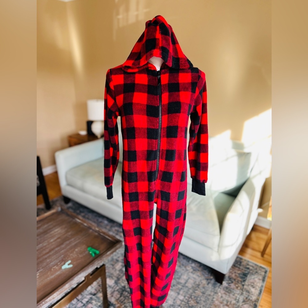 Totally Pink Buffalo Plaid Fleece Hooded Onesie Buffalo Women’s Size Large - Picture 3 of 15
